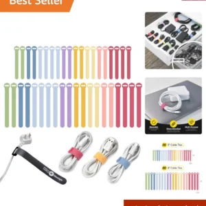 Self-Gripping Cable Ties by - Assorted 40-Pack Macaron | Reusable Hook and Lo...